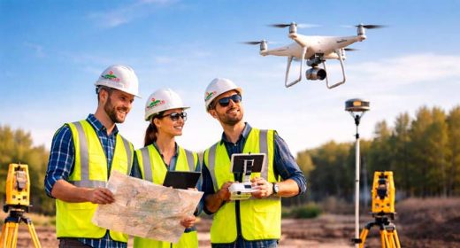 Equipo de topografía con dron y tecnología avanzada realizando medición de terrenos en proyecto de ingeniería